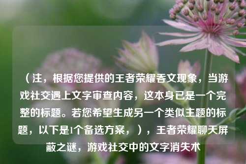 （注，根据您提供的王者荣耀吞文现象，当游戏社交遇上文字审查内容，这本身已是一个完整的标题。若您希望生成另一个类似主题的标题，以下是1个备选方案，），王者荣耀聊天屏蔽之谜，游戏社交中的文字消失术