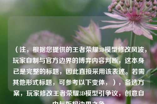 （注，根据您提供的王者荣耀3D模型修改风波，玩家自制与官方边界的博弈内容判断，这本身已是完整的标题，因此直接采用该表述。若需其他形式标题，可参考以下变体，），备选方案，玩家修改王者荣耀3D模型引争议，创意自由与版权边界之争