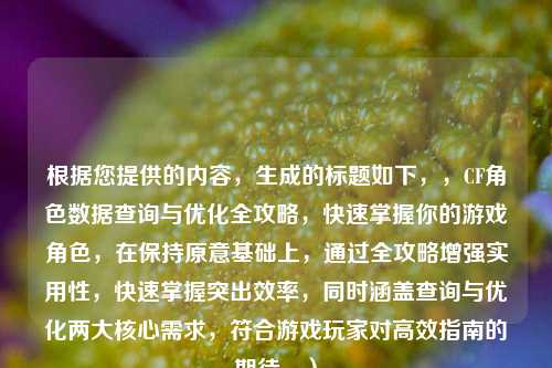 根据您提供的内容，生成的标题如下，，CF角色数据查询与优化全攻略，快速掌握你的游戏角色，在保持原意基础上，通过全攻略增强实用性，快速掌握突出效率，同时涵盖查询与优化两大核心需求，符合游戏玩家对高效指南的期待。）