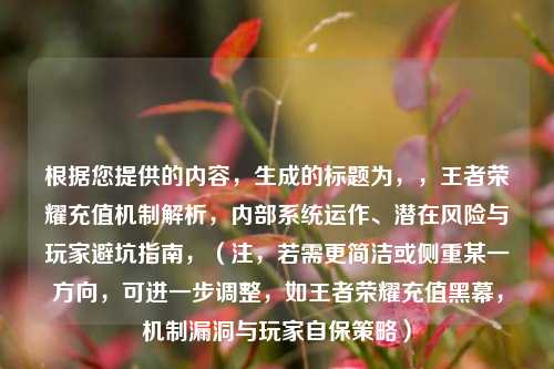 根据您提供的内容，生成的标题为，，王者荣耀充值机制解析，内部系统运作、潜在风险与玩家避坑指南，（注，若需更简洁或侧重某一方向，可进一步调整，如王者荣耀充值黑幕，机制漏洞与玩家自保策略）